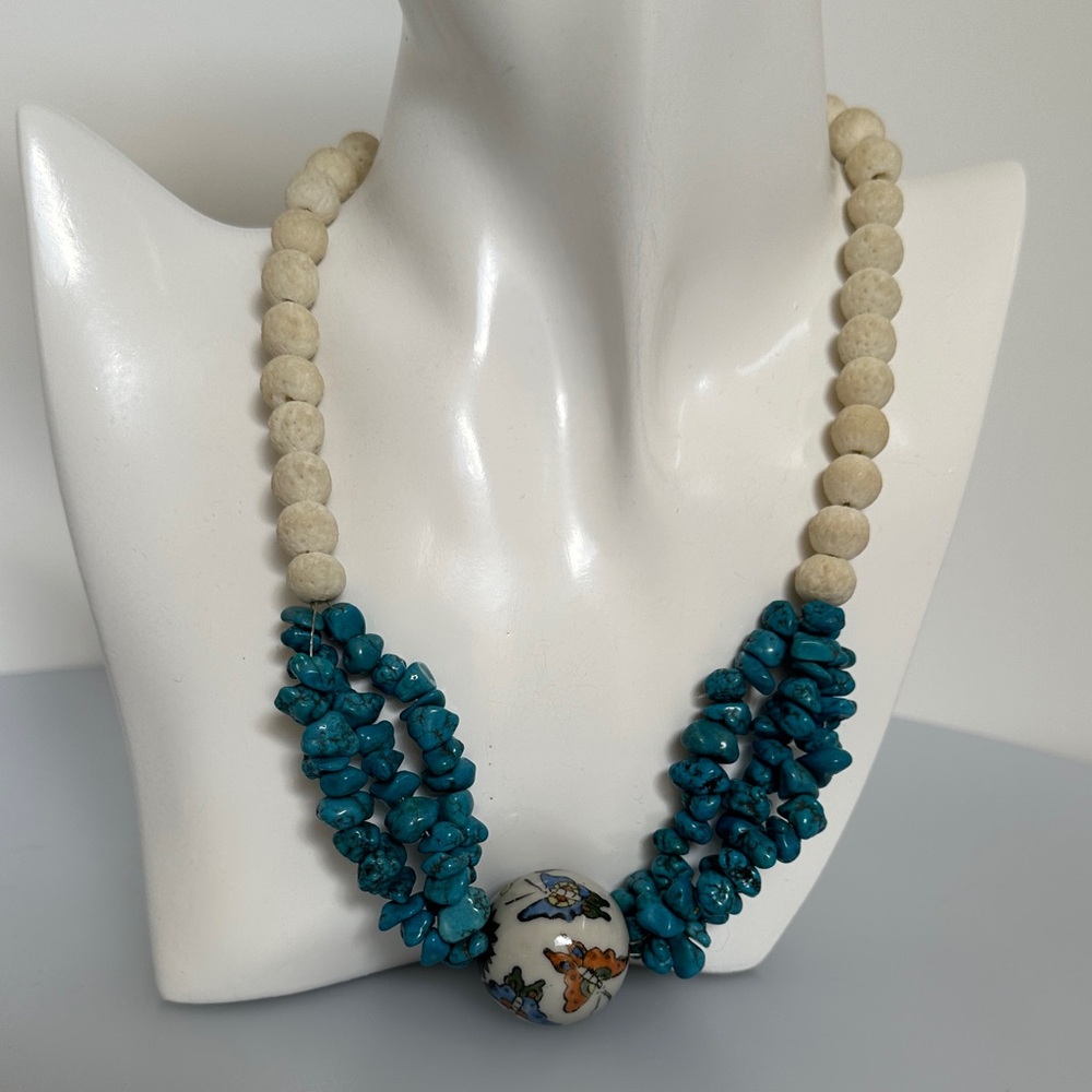 Turquoise and Cream Coral ceramic boll Beaded Necklace